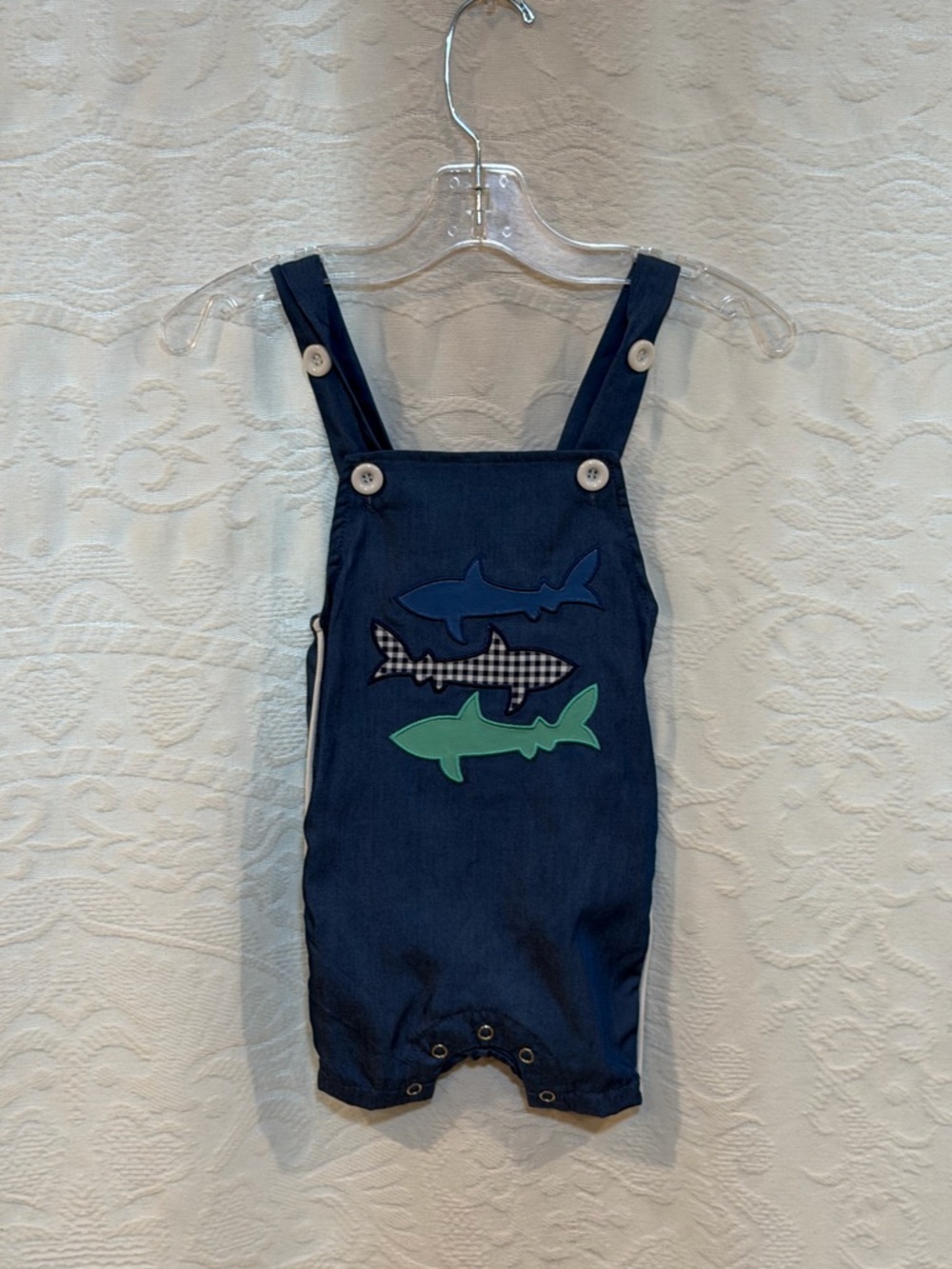 Navy Shark Appliqué Baby Overalls with Adjustable Straps